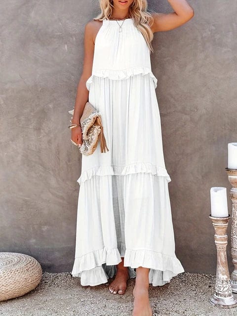 theperilsmovie Boho Dress, Beach Dress, Summer Dress, Maxi Dress, Chic Dress, Long Dress, Below knee dress, Sun Dress Boho Ruffle Pullover Summer Maxi Dress White / S