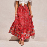 theperilsmovie Boho Skirt, Maxi Skirt, Floral Print Skirt Bohemian Floral Print High Waist Maxi Skirt Red / S