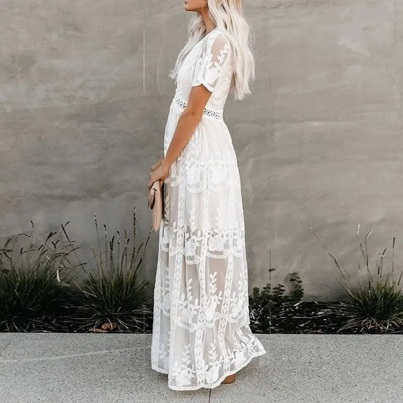 theperilsmovie Dress, Maxi Dress White Lace Short Sleeve Boho Maxi Dress