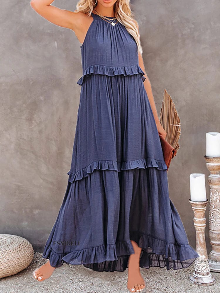 theperilsmovie Boho Dress, Beach Dress, Summer Dress, Maxi Dress, Chic Dress, Long Dress, Below knee dress, Sun Dress Boho Ruffle Pullover Summer Maxi Dress Dark Blue / S