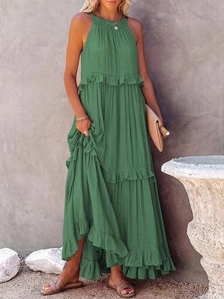 theperilsmovie Boho Dress, Beach Dress, Summer Dress, Maxi Dress, Chic Dress, Long Dress, Below knee dress, Sun Dress Boho Ruffle Pullover Summer Maxi Dress Green / S