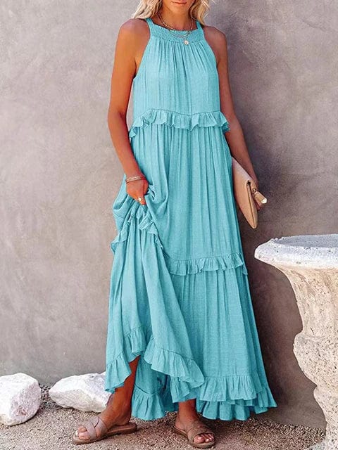 theperilsmovie Boho Dress, Beach Dress, Summer Dress, Maxi Dress, Chic Dress, Long Dress, Below knee dress, Sun Dress Boho Ruffle Pullover Summer Maxi Dress Light Blue / S