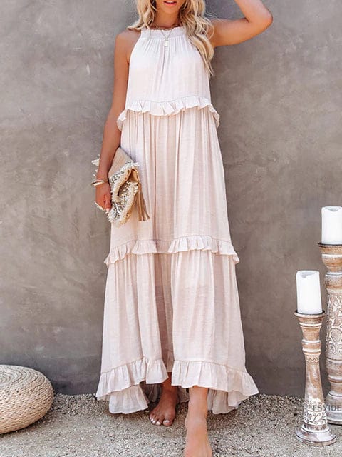 theperilsmovie Boho Dress, Beach Dress, Summer Dress, Maxi Dress, Chic Dress, Long Dress, Below knee dress, Sun Dress Boho Ruffle Pullover Summer Maxi Dress Light Pink / S