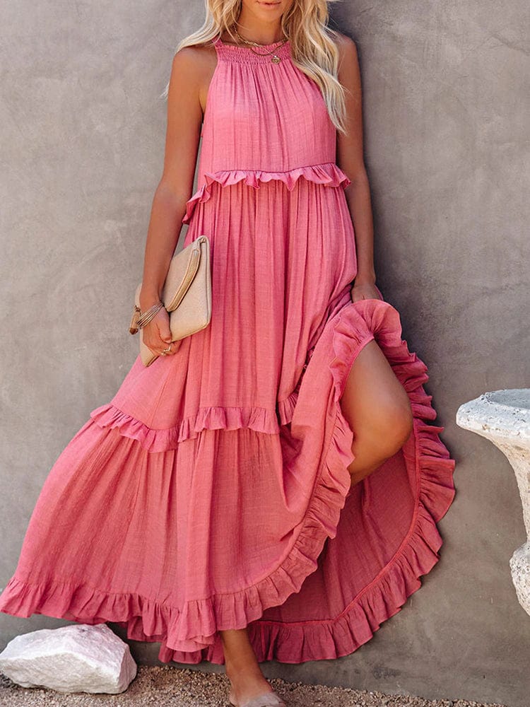 theperilsmovie Boho Dress, Beach Dress, Summer Dress, Maxi Dress, Chic Dress, Long Dress, Below knee dress, Sun Dress Boho Ruffle Pullover Summer Maxi Dress Pink / S