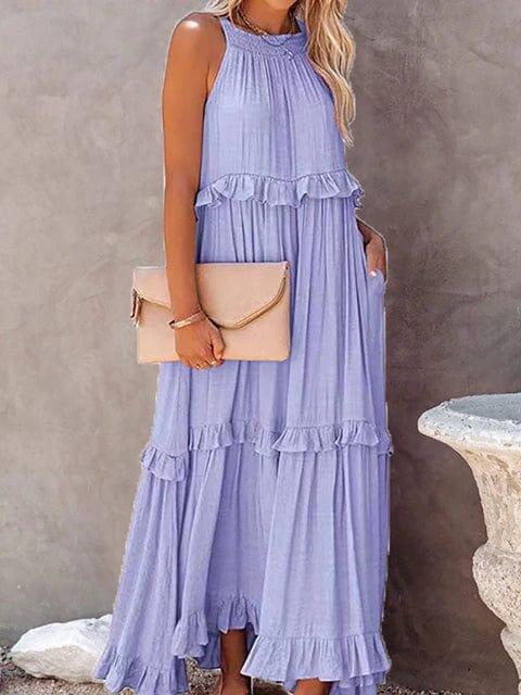 theperilsmovie Boho Dress, Beach Dress, Summer Dress, Maxi Dress, Chic Dress, Long Dress, Below knee dress, Sun Dress Boho Ruffle Pullover Summer Maxi Dress Purple / S